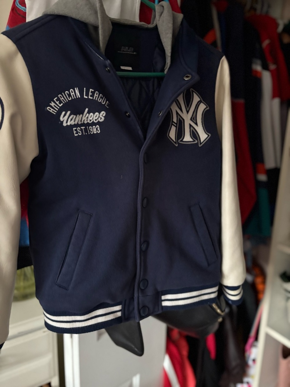 MLB Yankees Kids Navy & White Varsity Jacket with Hood